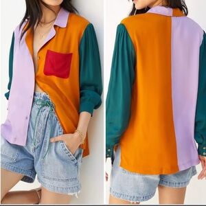 FARM RIO for Anthropologie Women's S Colorblock Button Down Multicolor